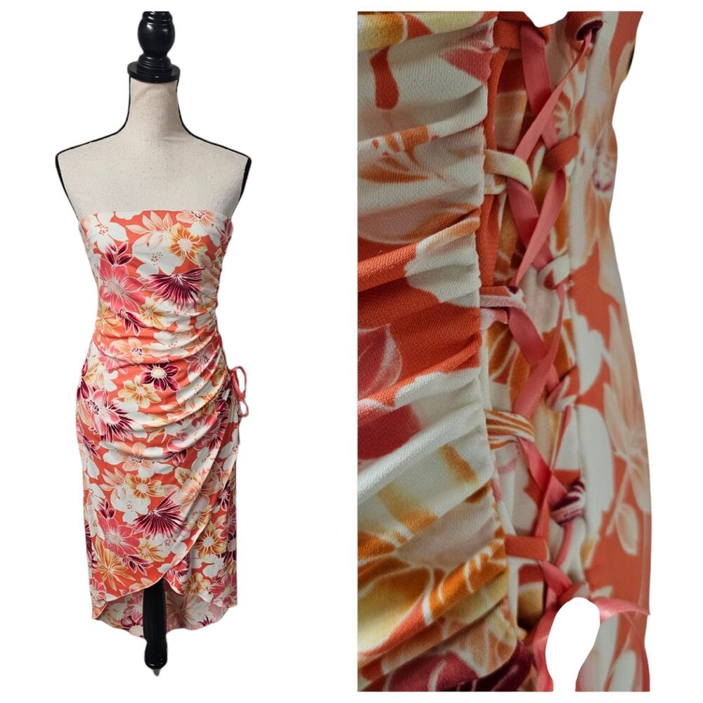 Rampage Y2K Tropical Silky Corset Midi Dress XL Floral Fairy Faux Wrap High Low